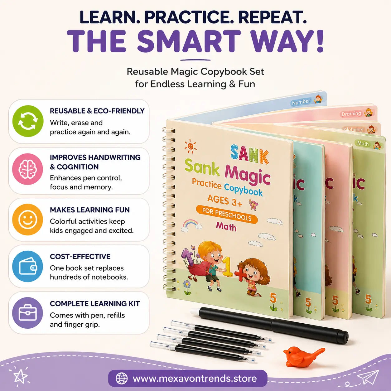 WriteWise™ Reusable Preschool Learning Kit | 4 Magic Copybooks + Pen + 10 Refills + Grip
