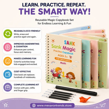 WriteWise™ Reusable Preschool Learning Kit | 4 Magic Copybooks + Pen + 10 Refills + Grip