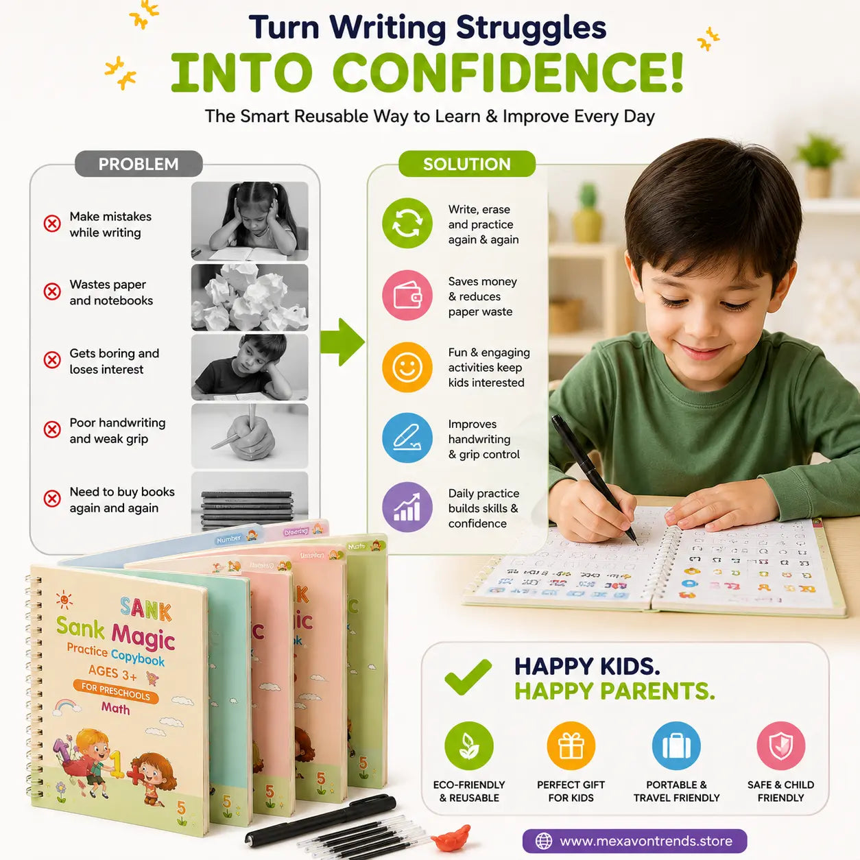 WriteWise™ Reusable Preschool Learning Kit | 4 Magic Copybooks + Pen + 10 Refills + Grip