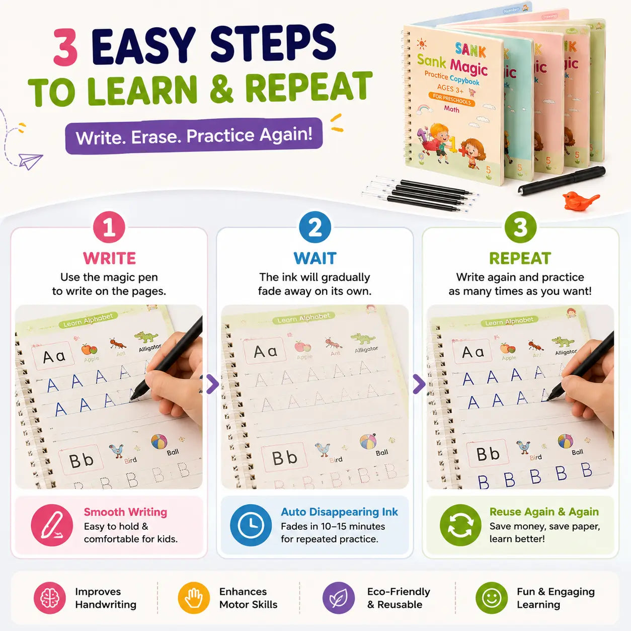 WriteWise™ Reusable Preschool Learning Kit | 4 Magic Copybooks + Pen + 10 Refills + Grip