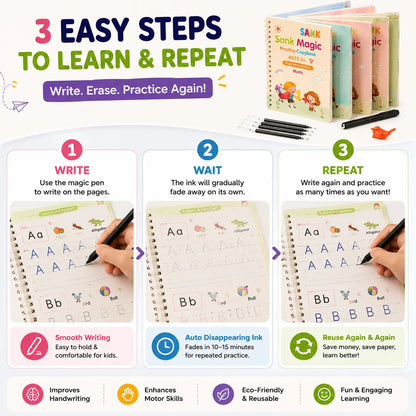 WriteWise™ Reusable Preschool Learning Kit | 4 Magic Copybooks + Pen + 10 Refills + Grip