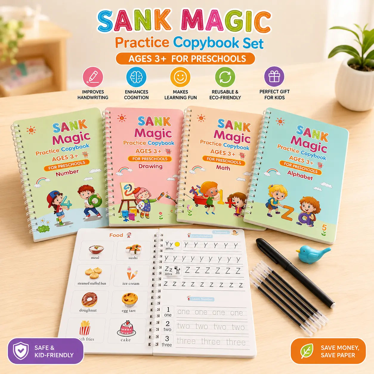 WriteWise™ Reusable Preschool Learning Kit | 4 Magic Copybooks + Pen + 10 Refills + Grip