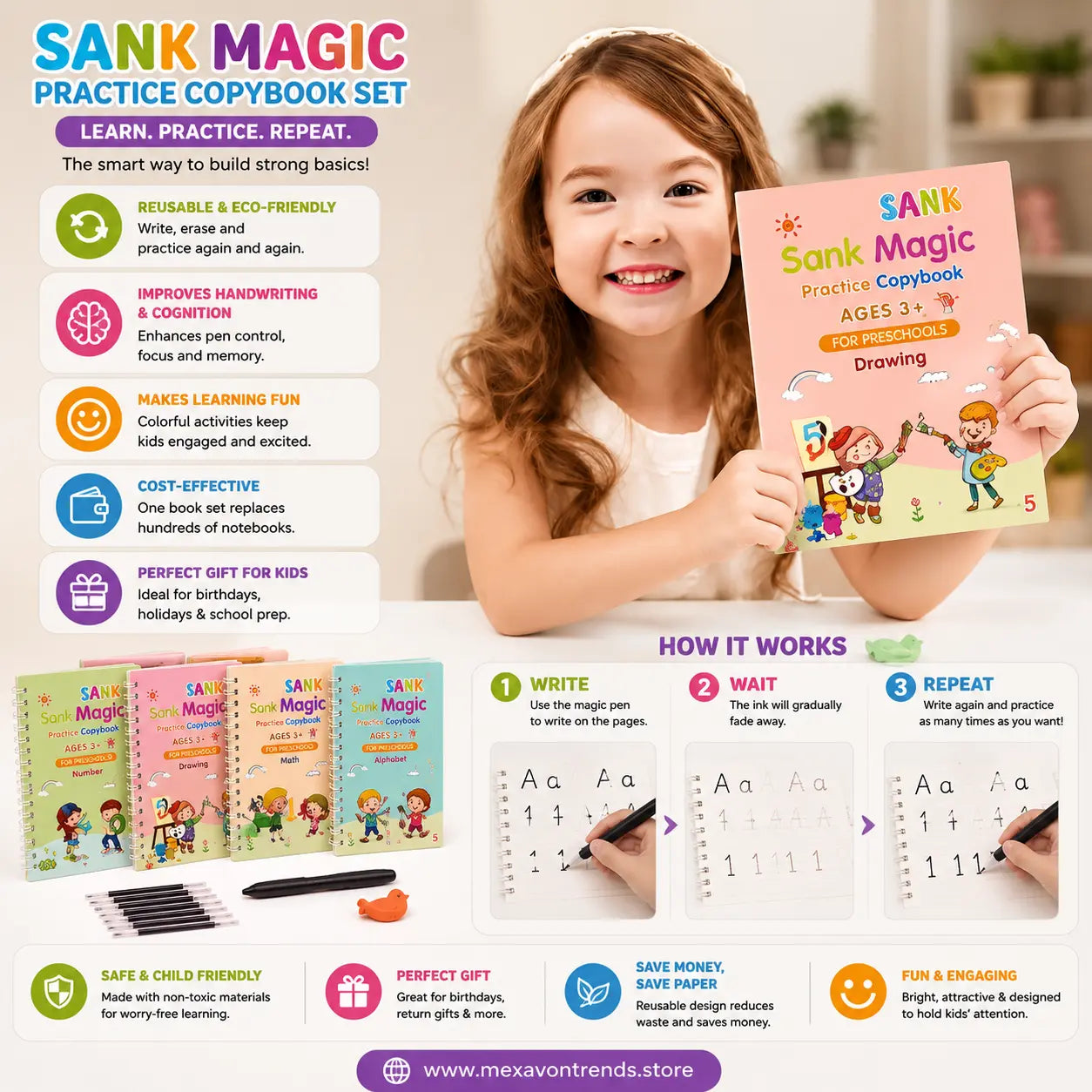 WriteWise™ Reusable Preschool Learning Kit | 4 Magic Copybooks + Pen + 10 Refills + Grip