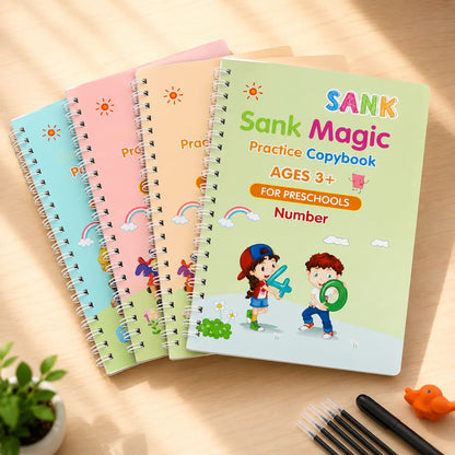 WriteWise™ Reusable Preschool Learning Kit | 4 Magic Copybooks + Pen + 10 Refills + Grip